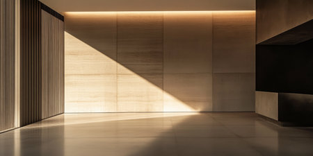 Minimalist empty living room corner in golden tones with a window casting natural lighting and a large shadow in the room. Residential interiors with minimal furniture or decorの素材