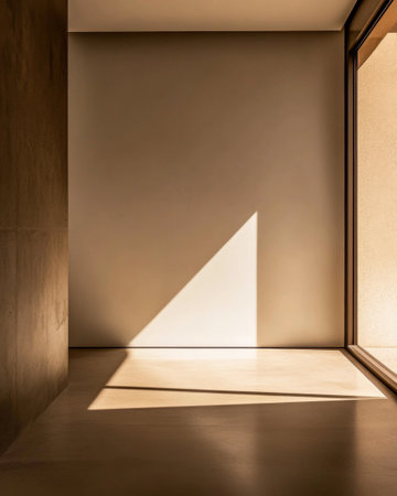 Minimalist living room airy corner in golden tones with a window casting natural lighting and a large shadow in the room. Residential interiors with minimal furniture or decor.の素材