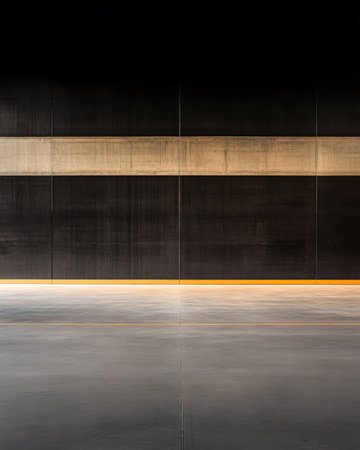 Empty warehouse with golden like lighting in dark colors. Commercial Real Estate interiors concept imageの素材