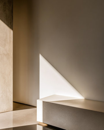 Minimalist living room airy corner in golden tones with a window casting natural lighting and a large shadow in the room. Residential interiors with minimal furniture or decor.の素材