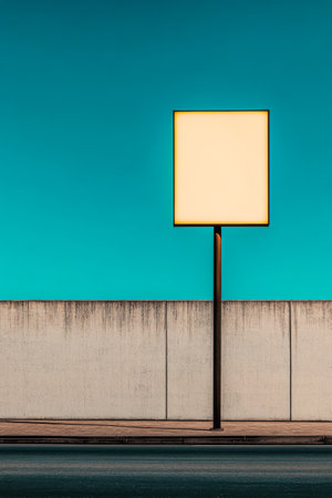 The setting shows a simple street light mounted on a sidewalk beside a muted concrete wall, highlighted by a striking turquoise background at dusk.の素材