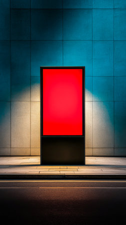 A blank advertising panel stands alone on a street corner, its vibrant red backdrop illuminated against a modern building. The scene captures the quiet urban atmosphere at night.の素材