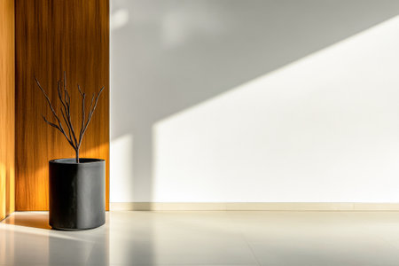 In a sleek, modern interior, a black planter with a bare branch stands against a light wall, complemented by warm wooden paneling and soft sunlight.の素材