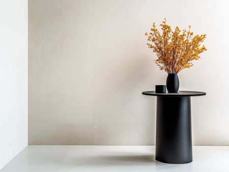 A modern black round table stands elegantly in a minimalist space, adorned with a sleek vase of dried yellow flowers, enhancing the serene atmosphere.の素材