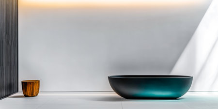 A contemporary bathroom showcases a stylish freestanding bathtub alongside a wooden stool. Soft ambient lighting enhances the serene and minimalist design of the space.の素材
