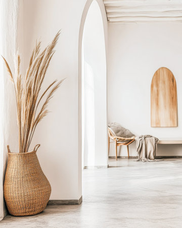 A beautifully arranged interior highlights a woven basket filled with pampas grass, accompanied by a stylish seating area and natural light pouring in, creating a serene atmosphere.の素材