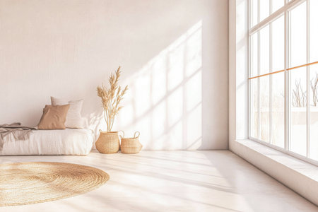 Warm sunlight streams through large windows into a spacious living room featuring a cozy bed, decorative plants, and woven baskets on the floor.の素材