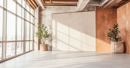 A spacious modern interior features large windows allowing sunlight to stream in, illuminating the minimalist decor and potted plants, creating a calming environment.の素材