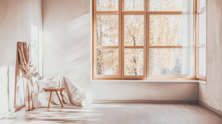 A bright and inviting interior features large wooden windows that let in warm, natural light. Soft textiles and decorative elements create a tranquil atmosphere.の素材