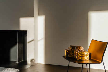 Sunlight filters through a window, illuminating a minimalist room with a striking yellow chair and golden decorative boxes arranged elegantly on a black side table.の素材