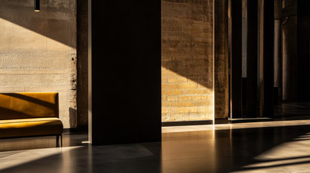 A spacious modern interior showcases minimalist design elements, highlighted by warm sunlight streaming across the floor and illuminating a yellow sofa against a textured wall.の素材