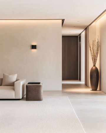 A spacious living room features a light color palette with a modern sofa, elegant vase, and subtle lighting, creating a calm atmosphere perfect for relaxation.の素材