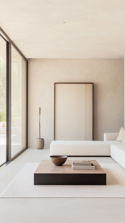 A spacious minimalist living room showcases a white sofa and a dark wooden coffee table. Large windows flood the area with natural light, enhancing the tranquil atmosphere.の素材