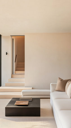 A spacious living room features a stylish sofa adorned with pillows, a sleek coffee table, and warm natural light. The adjacent staircase adds depth to the tranquil atmosphere.の素材