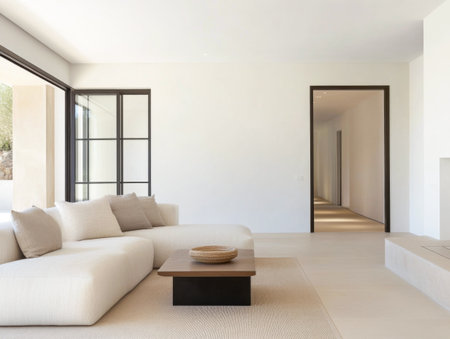 A bright and airy living space featuring a large white sectional sofa, a simple coffee table, and a seamless flow into adjacent rooms, all bathed in natural light.の素材