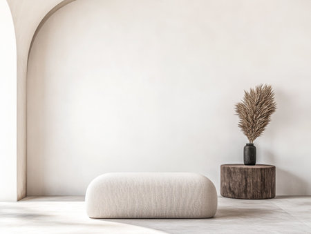 A cozy, minimalist interior features a rounded ottoman and a wooden stump table with a dark vase filled with dried flowers, creating a calm atmosphere.の素材