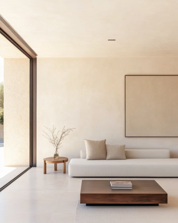 A spacious living room features a sleek white sofa, a wooden coffee table, and minimal decorations, all illuminated by daylight from large windows.の素材