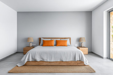 This contemporary bedroom showcases a wooden bed with gray bedding and vibrant orange pillows. The decor includes woven lamps and a neutral color palette, complemented by large windows.の素材
