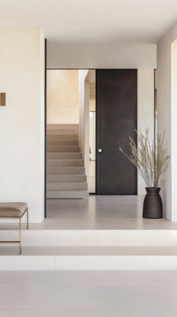 A sleek entryway showcases a modern design with a dark door and a staircase leading to the upper floor, complemented by a simple vase with dried flowers.の素材
