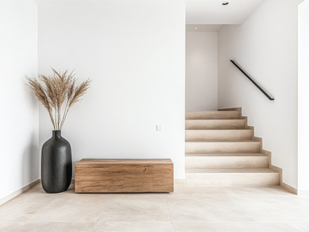 This contemporary hallway features a wooden bench and a tall vase with dried grass, complemented by a staircase. The minimalist design emphasizes simplicity and tranquility.の素材