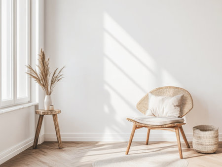 A comfortable rattan chair with a cushion sits beside a side table featuring a decorative vase and dried plants, illuminated by gentle sunlight filtering through the window.の素材