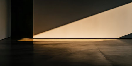 Minimalist empty living room corner in golden tones with a window casting natural lighting and a large shadow in the room. Residential interiors with minimal furniture or decorの素材