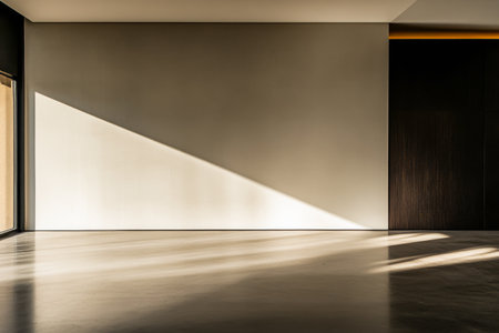 Minimalist empty living room corner in golden tones with a window casting natural lighting and a large shadow in the room. Residential interiors with minimal furniture or decorの素材