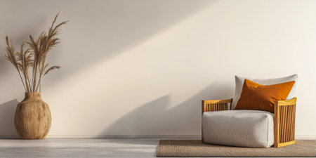 Minimalist living room interior design composition with Scandinavian furniture and a large window providing natural lighting to the room. Apartment interiors with ample copyspace and minimal decor.の素材