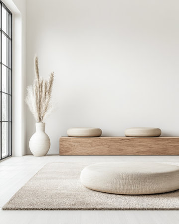 Minimalist meditation corner in a room with cushions, minimal furniture and a large window filling the space with natural lighting. Scandinavian residential interiors with copyspaceの素材