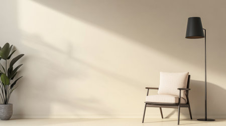 Quiet reading room corner with an elegant chair, a lamp and ample copyspace, Residential interior design compositionの素材