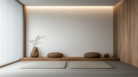 Calm meditation room with minimal relaxing decor, no furniture and a large window filling the space with natural lightingの素材