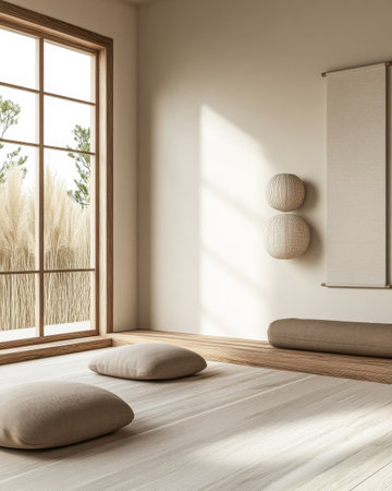 Calm meditation room with minimal relaxing decor, no furniture and a large window filling the space with natural lightingの素材