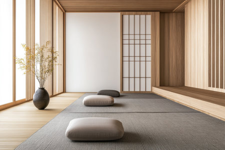 Calm meditation room with minimal relaxing decor, no furniture and a large window filling the space with natural lightingの素材