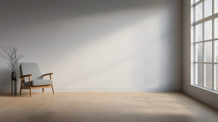 A spacious room features a simple chair beside a vase with branches, bathed in warm natural light streaming through large windows.の素材