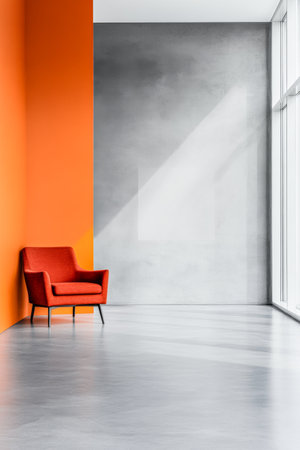 A vibrant red chair is positioned against an orange wall in a minimalist space with gray walls and ample sunlight streaming in through large windows.の素材