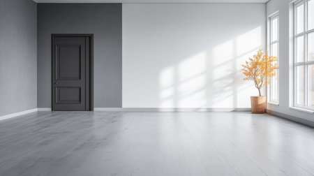 A bright and airy room features a split gray and white wall, a closed wooden door, and large windows casting shadows onto the floor, complemented by a potted plant.の素材
