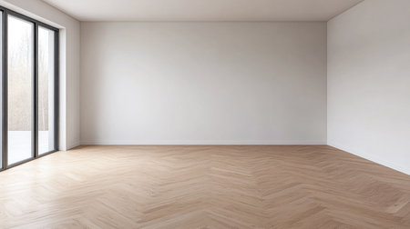 The spacious room features large windows allowing ample sunlight to flood in, highlighting the elegant herringbone wooden floor design, creating a cozy atmosphere.の素材