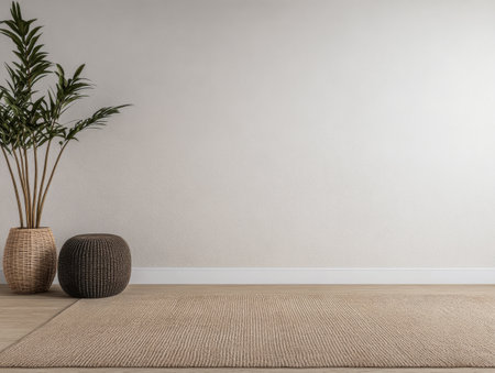 This cozy living room displays a woven floor rug, stylish plant arrangements, and textured decor elements, creating a warm, inviting atmosphere in neutral tones.の素材