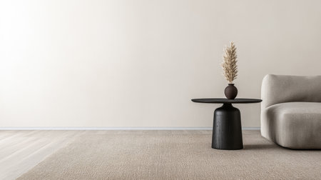 A contemporary living room shows a plush couch beside a sleek black table adorned with a vase of dried flowers, creating a cozy and elegant atmosphere.の素材