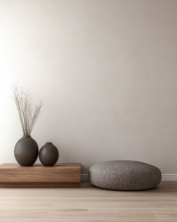 A stylish, minimalist space showcases two elegant vases filled with decorative branches atop a wooden surface, alongside a round cushion resting on the floor.の素材
