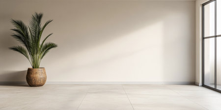 This indoor area showcases a tall potted palm next to a large window, allowing sunlight to illuminate the minimalist design and create a serene atmosphere.の素材