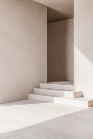 A minimalist indoor area showcases light beige walls and softly lit stairs, creating an inviting atmosphere that enhances tranquility during daylight.の素材