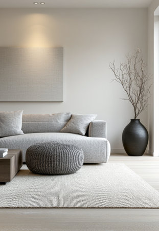 A stylish living room showcases a gray sectional sofa paired with a textured pouf and a sleek coffee table. Natural light pours in, enhancing the minimalist decor.の素材