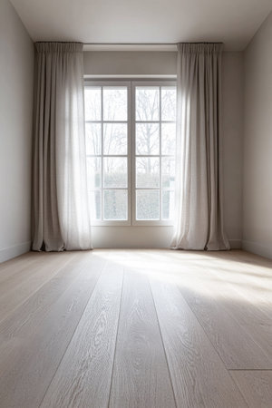 A spacious room features large windows dressed in soft, light-colored curtains. The wooden floor reflects the natural light, creating a serene atmosphere.の素材