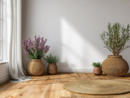 This inviting corner showcases various potted plants in woven baskets, accompanied by a round natural fiber rug on warm wooden flooring, illuminated by soft sunlight.の素材