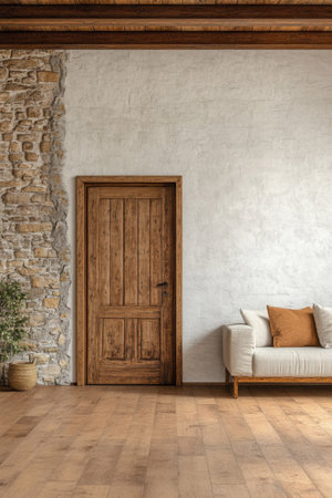 A welcoming living room showcases a rustic wooden door next to a textured stone wall, complemented by a light sofa and warm-toned cushions, creating a cozy atmosphere.の素材