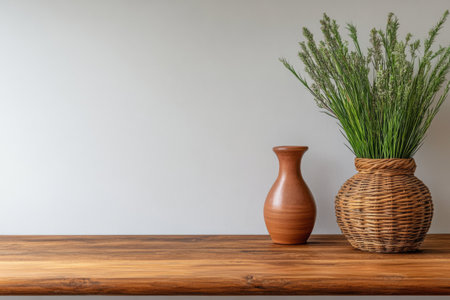 A wooden shelf displays a ceramic vase and a textured wicker planter overflowing with lush green plants, set against a plain wall, creating a serene atmosphere.の素材