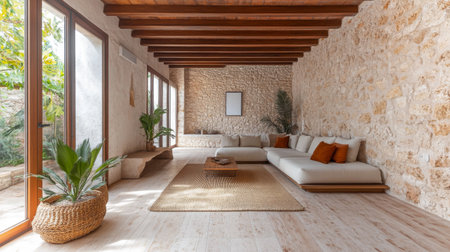 A cozy living room features a comfortable sectional sofa adorned with orange cushions. Large windows invite abundant natural light, enhancing the relaxed atmosphere of this coastal retreat.の素材