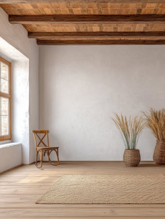 A spacious room showcases wooden beams and a large window that fills the area with natural light. Simple decor includes a chair, a rug, and potted plants, creating a calming atmosphere.の素材
