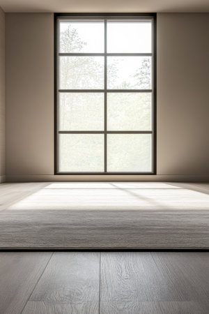 A minimalist room showcases a large window that floods the space with natural light, illuminating the simple wooden floor and soft beige walls during midday.の素材